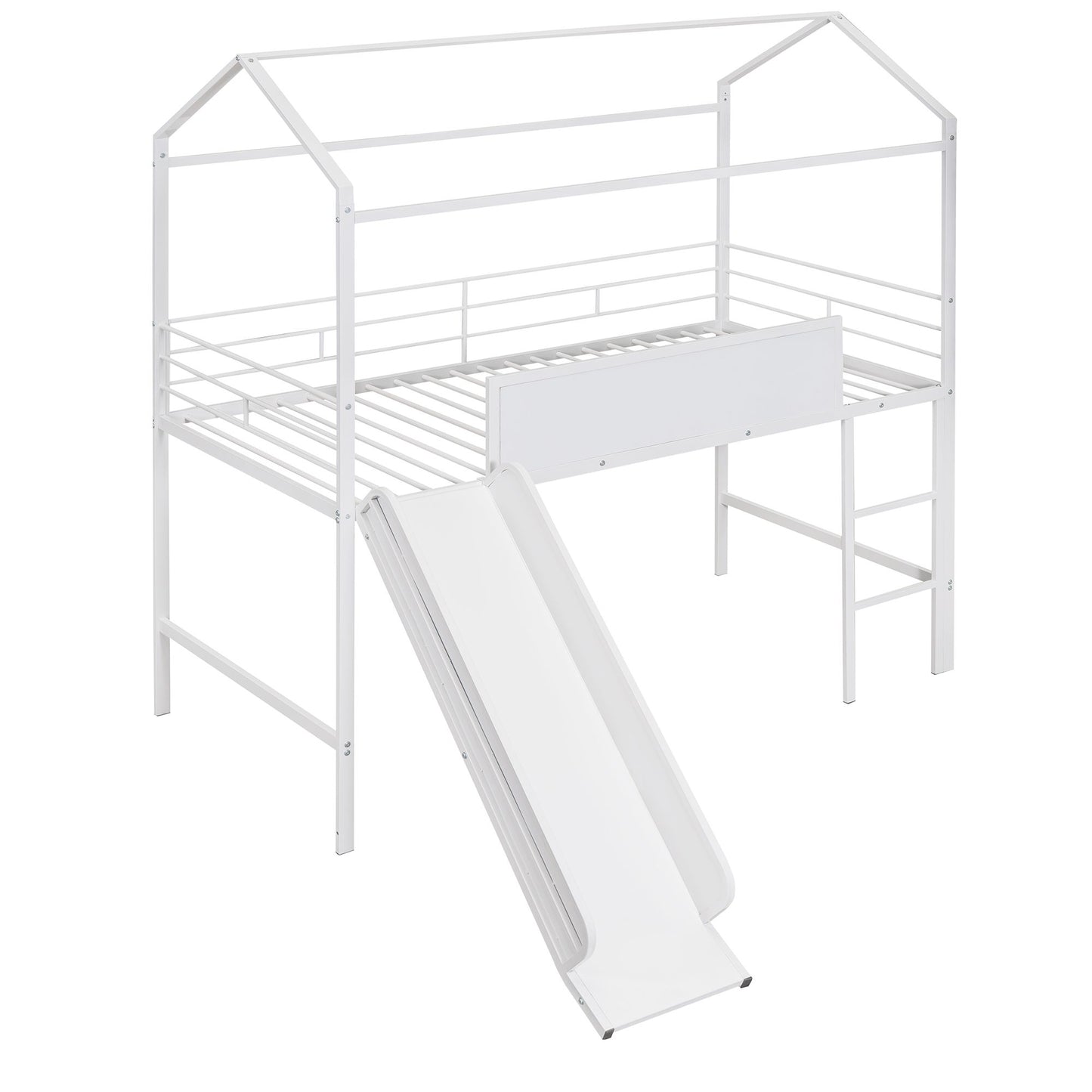 Metal House Bed With Slide;  Twin Size Metal Loft Bed with Two-sided writable Wooden Board