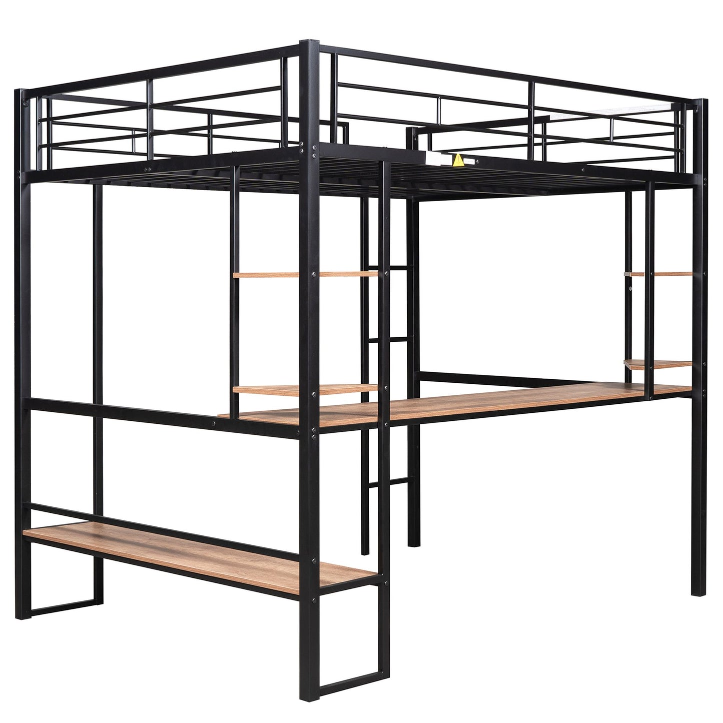 Full Size Loft Metal&MDF Bed with Long Desk and Shelves; Black