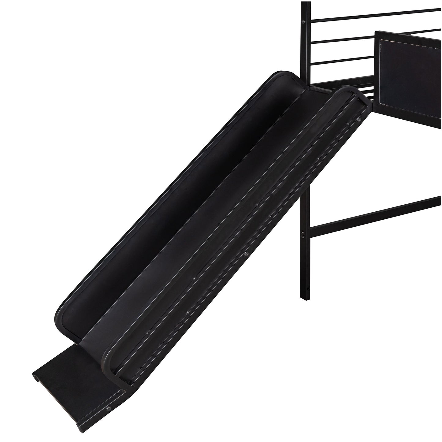 Metal House Bed With Slide;  Twin Size Metal Loft Bed with Two-sided writable Wooden Board