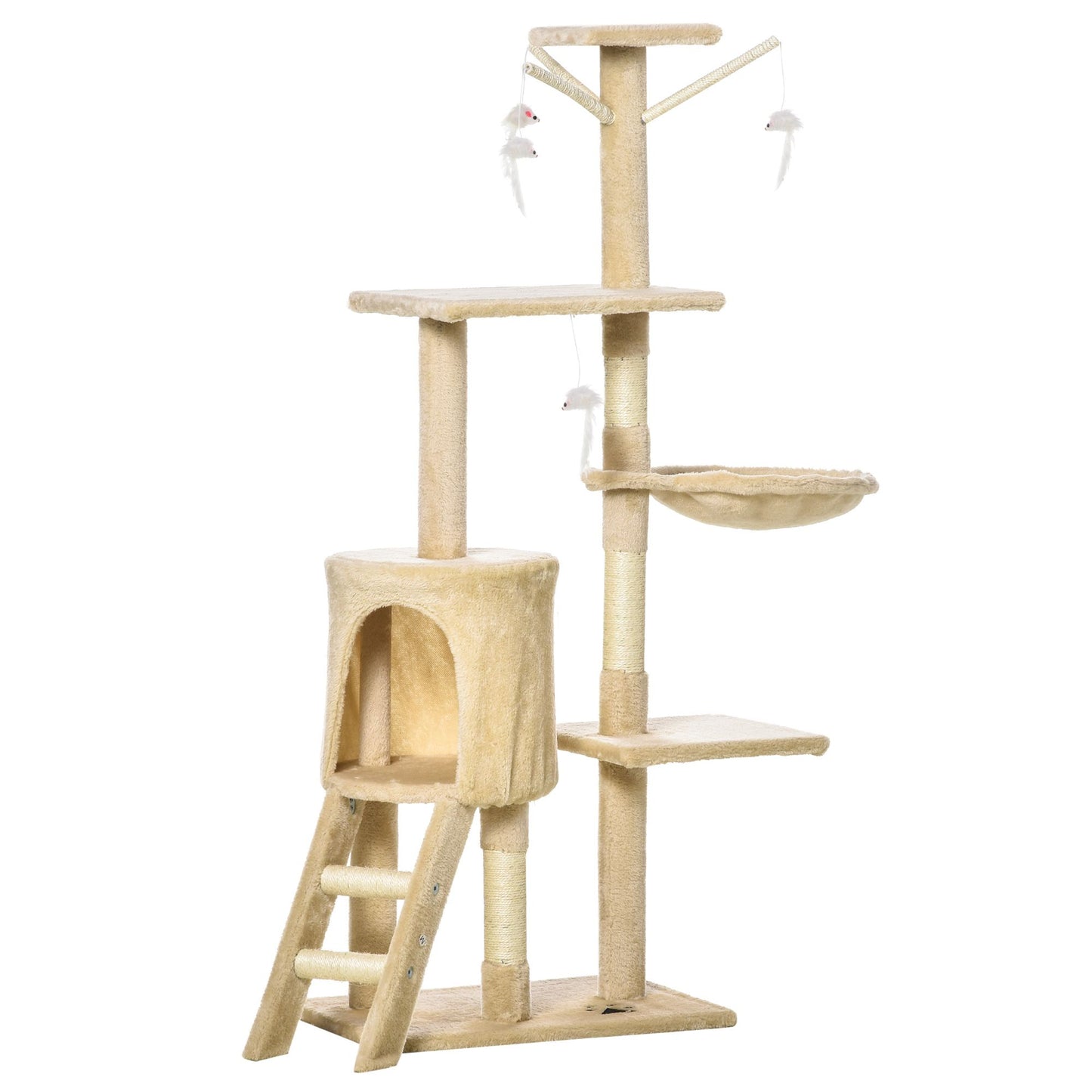 PawHut 53” Plush Cat Condo Tower - Sturdy Scratching Post & Interactive Activity Tree House for Cats | Beige