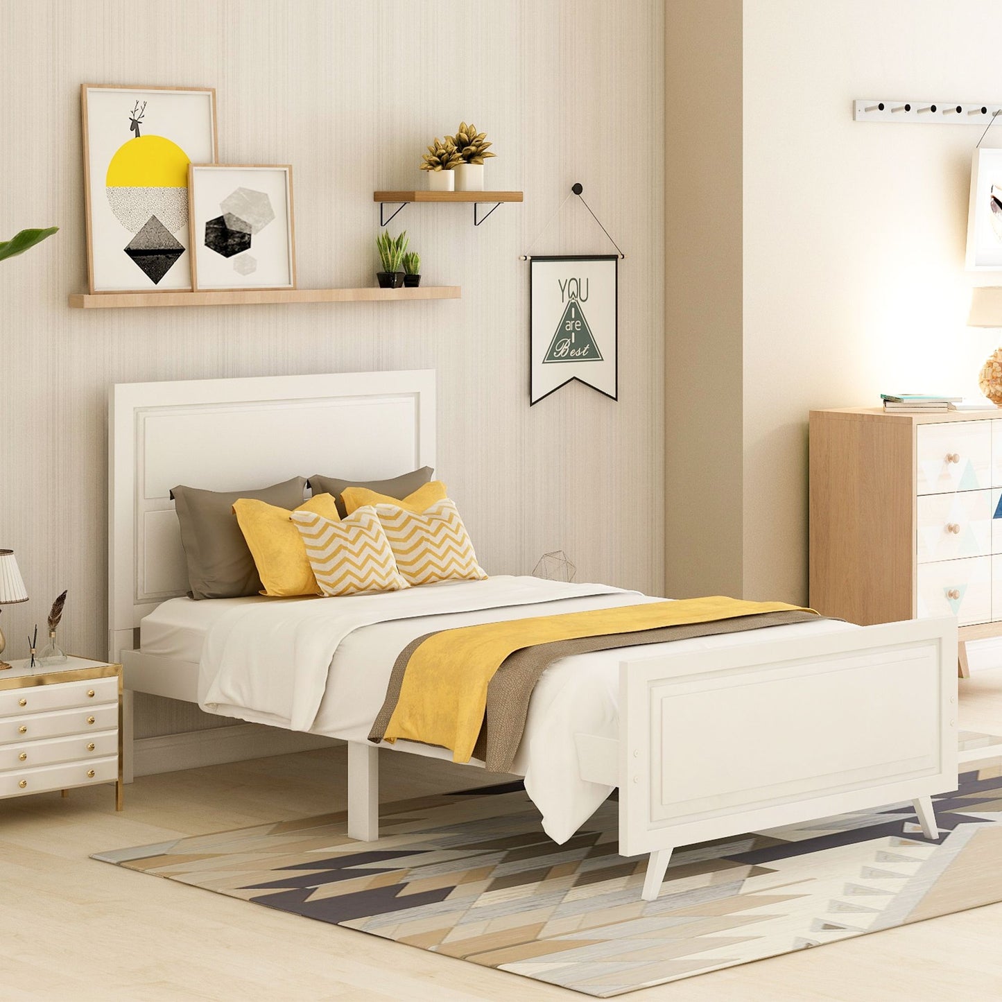 Wood Platform Bed Twin Bed Frame Mattress Foundation with Headboard and Wood Slat Suppor