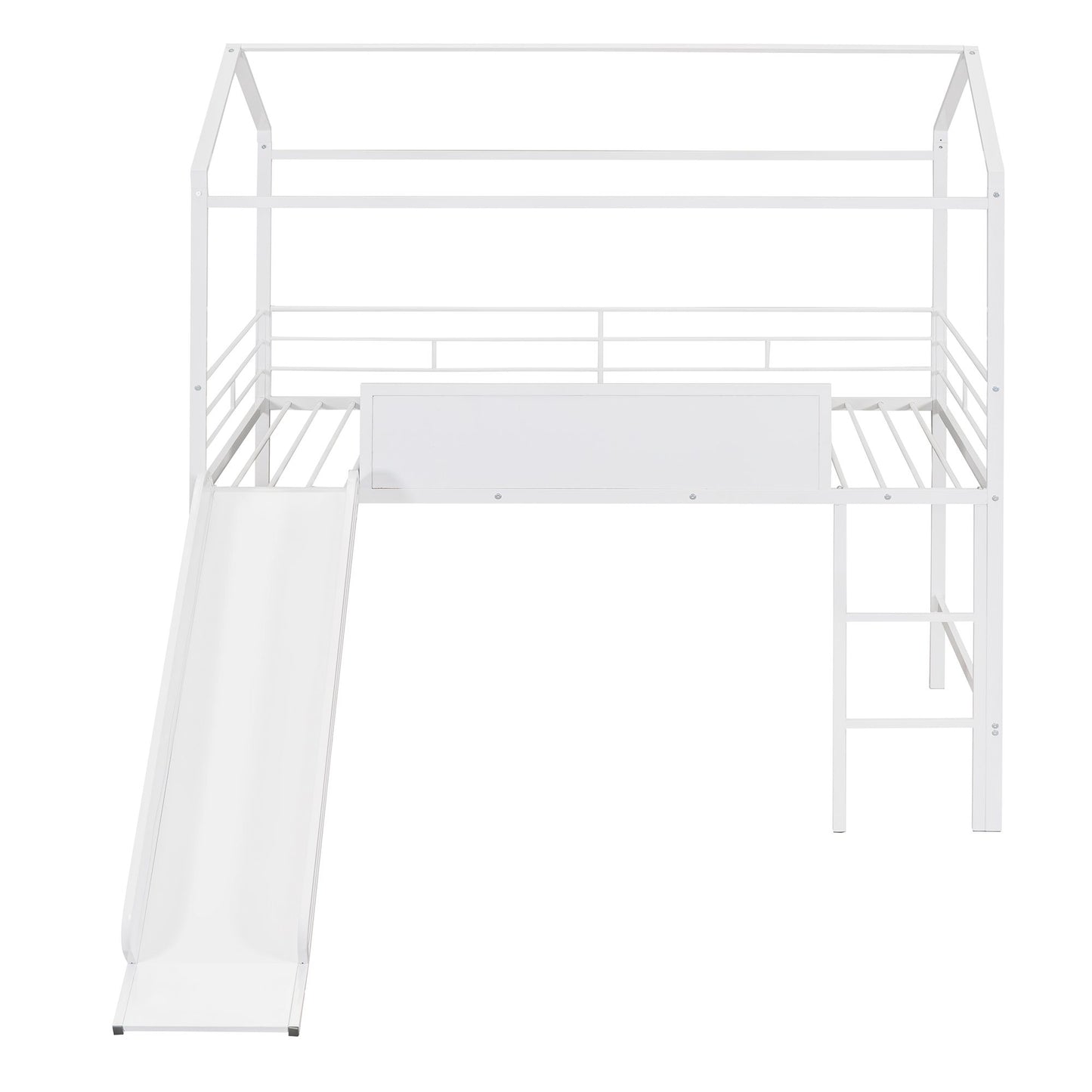Metal House Bed With Slide;  Twin Size Metal Loft Bed with Two-sided writable Wooden Board