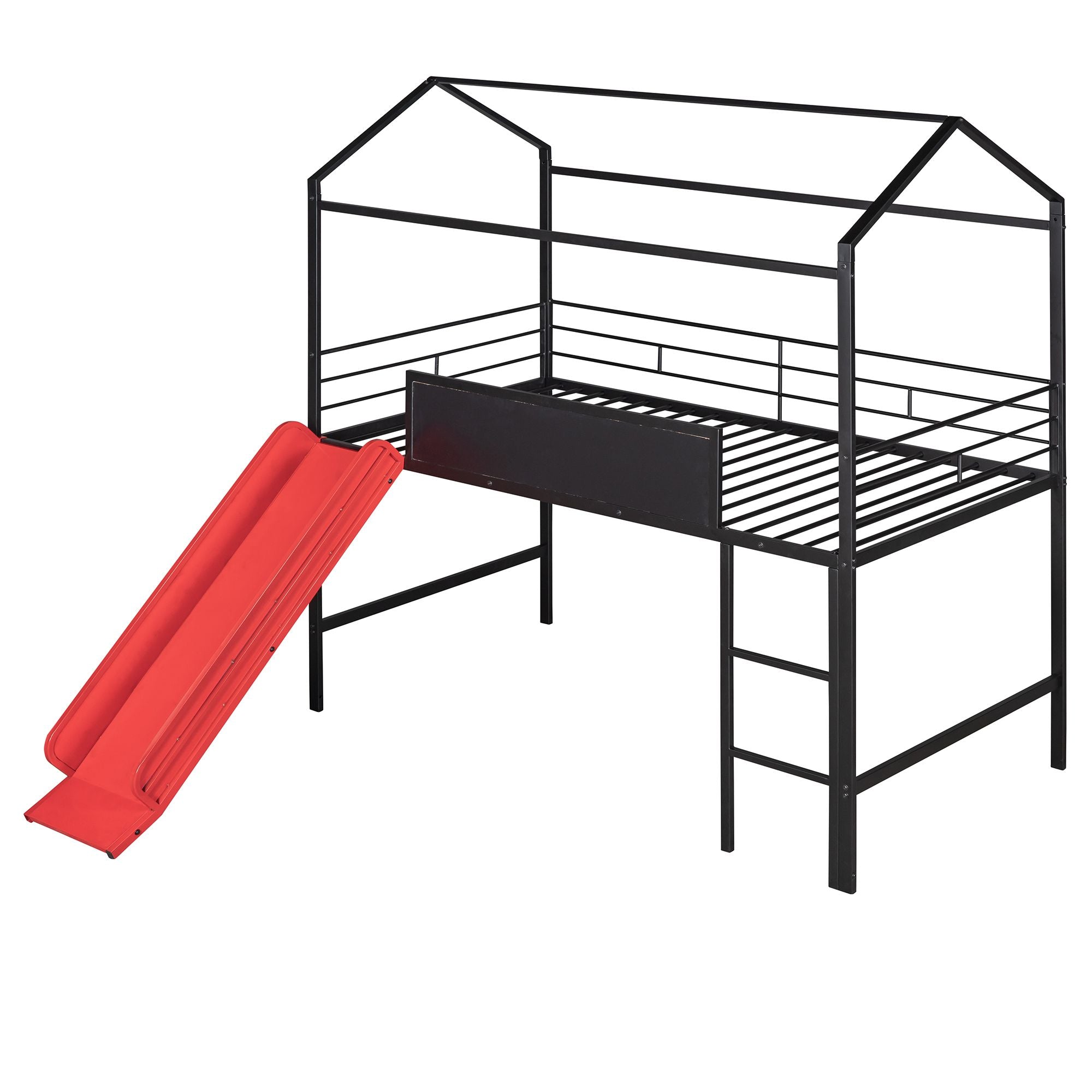 Metal House Bed With Slide;  Twin Size Metal Loft Bed with Two-sided writable Wooden Board