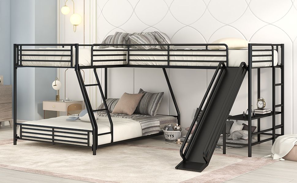 L-Shaped Twin over Full Bunk Bed with Twin Size Loft Bed; Built-in Desk and Slide