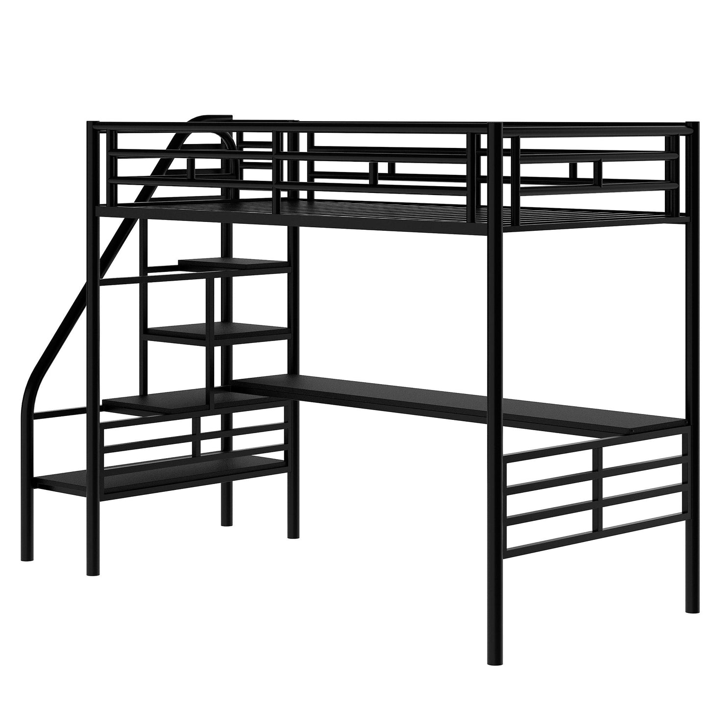 Metal Loft Bed Frame with Desk;  No Box Spring Needed; Twin