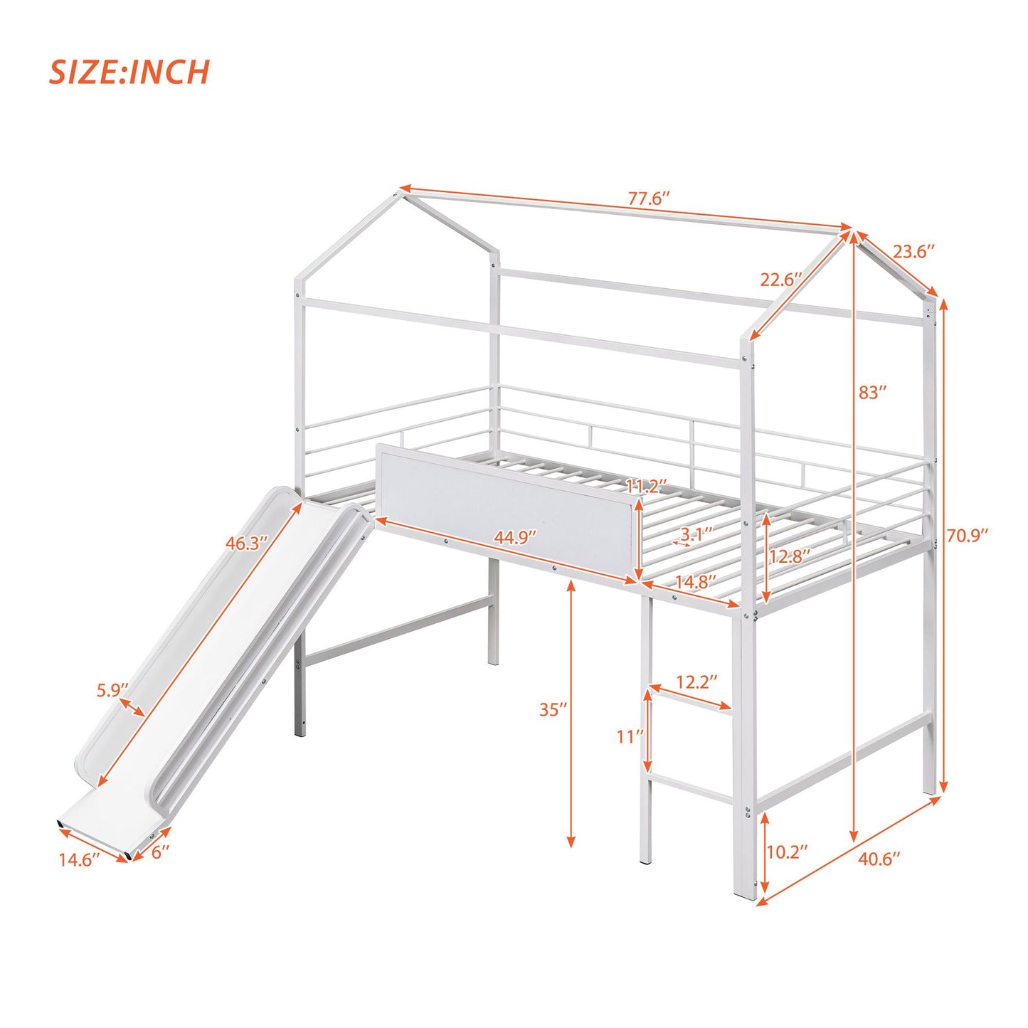 Metal House Bed With Slide;  Twin Size Metal Loft Bed with Two-sided writable Wooden Board