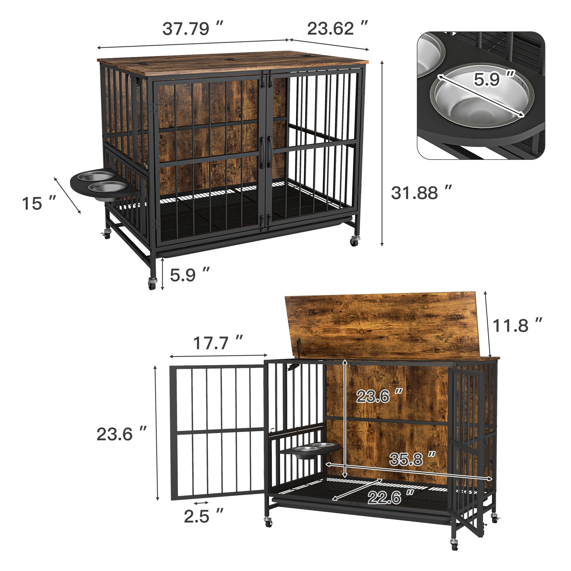 Modern Kennel Dogs room up to 80 LB, Dog crate furniture with Multi-Purpose Rremovable Ttray, Double-Door Dog House, lift Panel, 360 Degree Rotation -3 Height Adjustable Feeding Bowls
