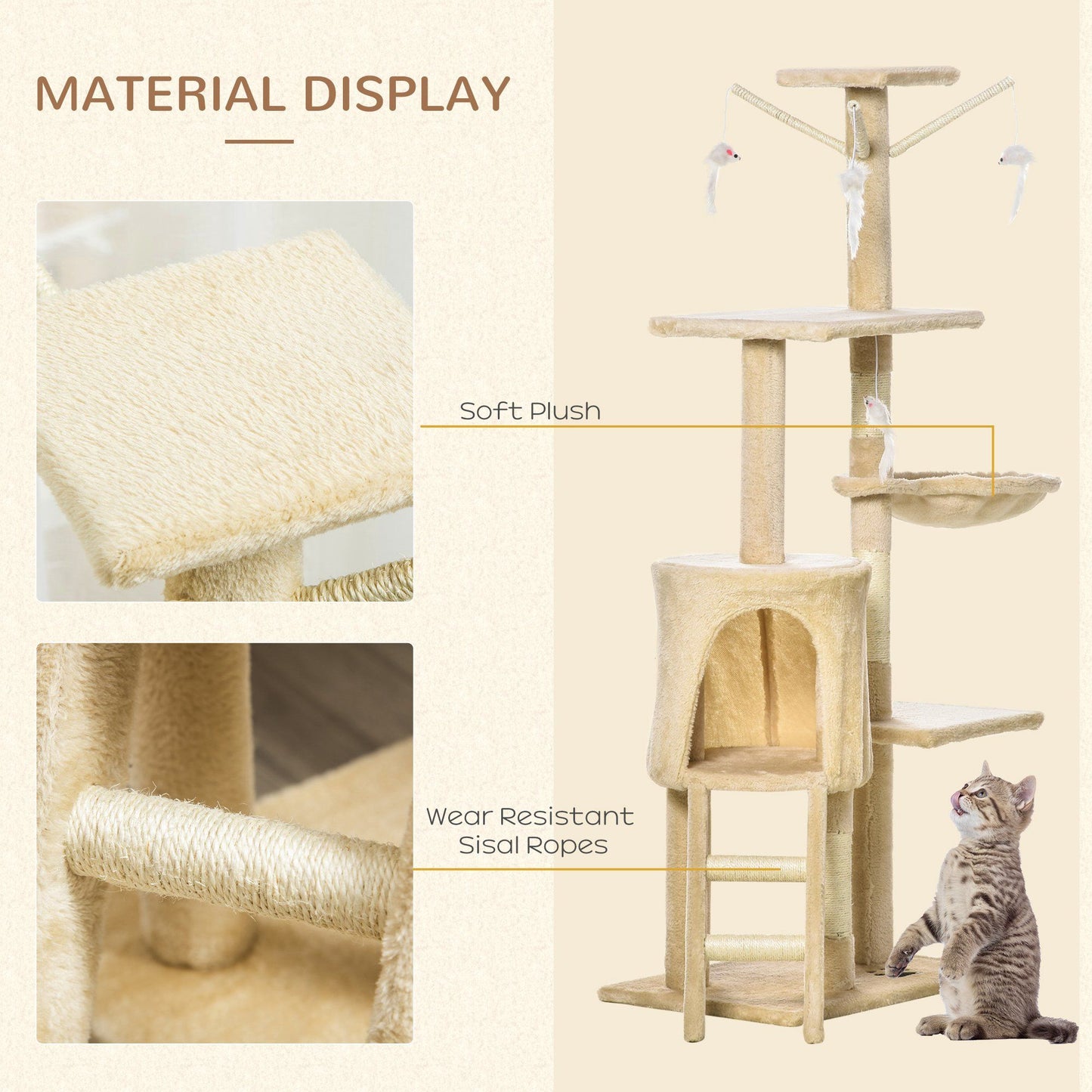PawHut 53” Plush Cat Condo Tower - Sturdy Scratching Post & Interactive Activity Tree House for Cats | Beige