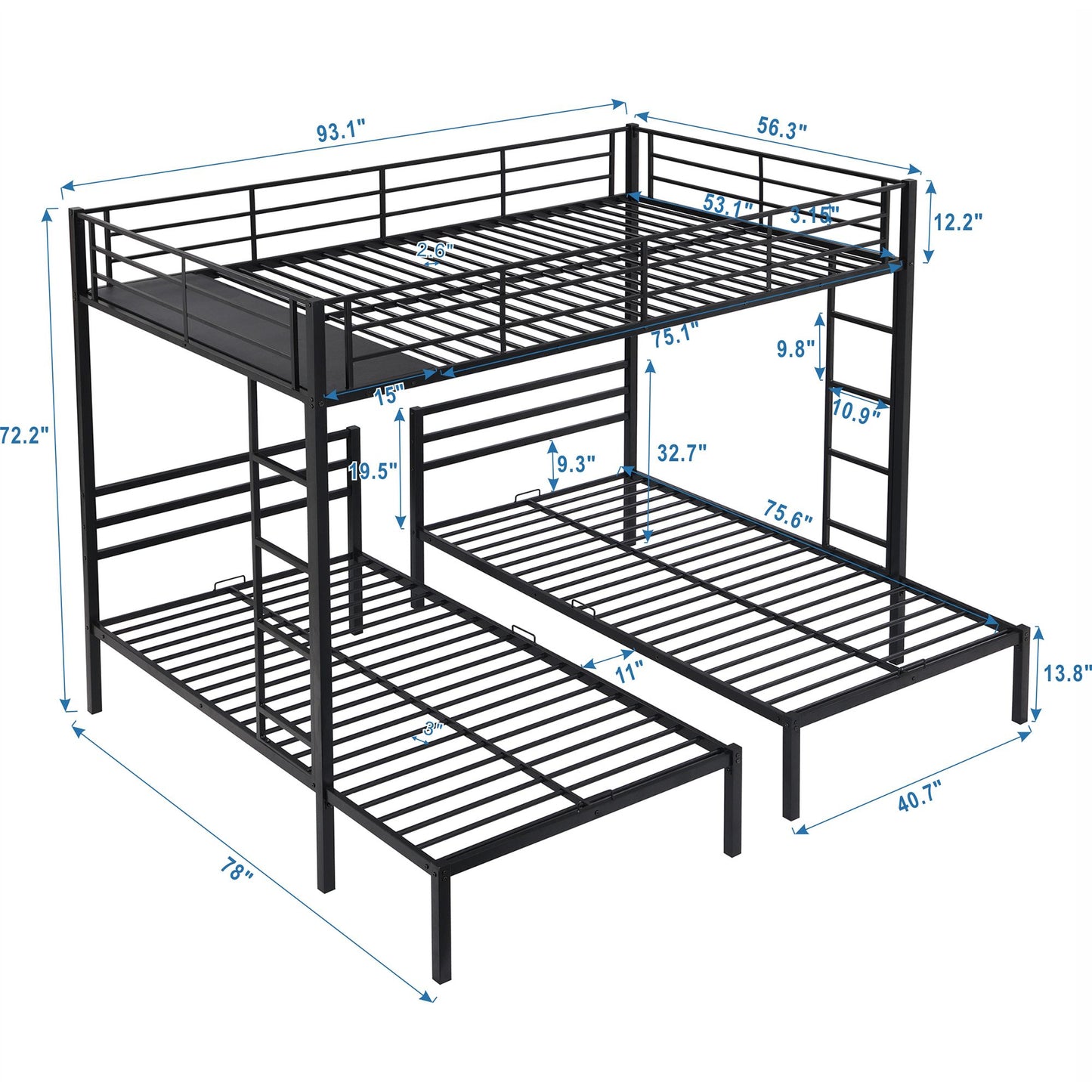 Full over Twin&Twin Size Bunk Metal Bed with Built-in Shelf