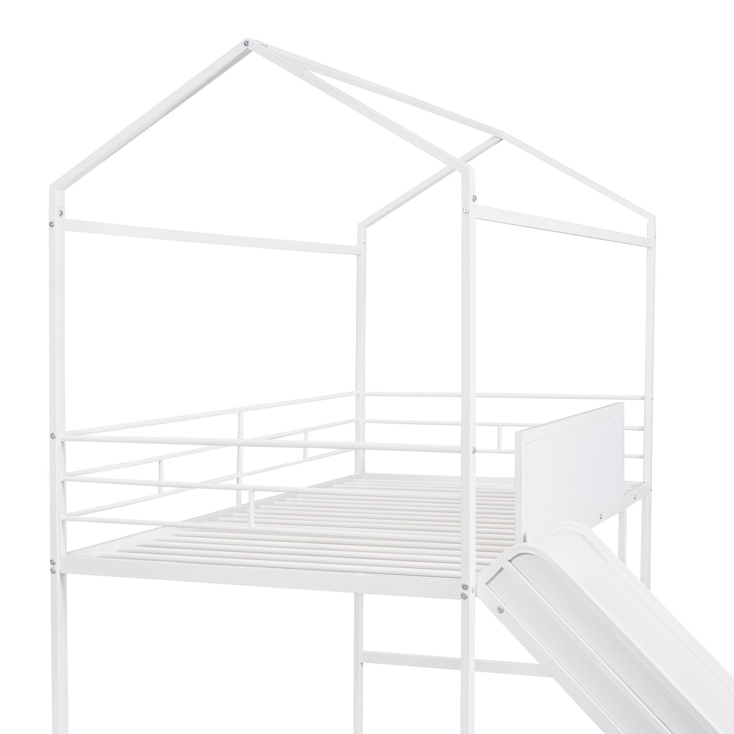 Metal House Bed With Slide;  Twin Size Metal Loft Bed with Two-sided writable Wooden Board