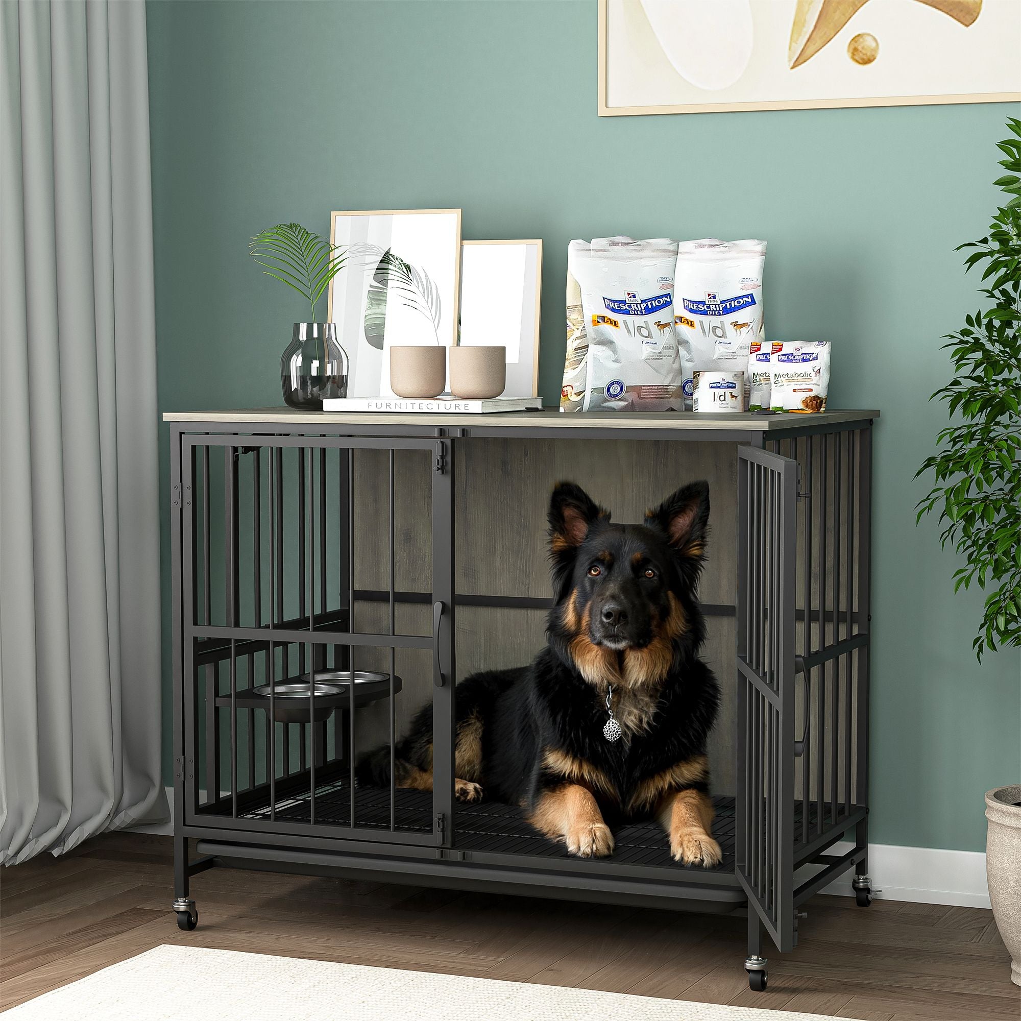 Modern Kennel Dogs room up to 80 LB, Dog crate furniture with Multi-Purpose Rremovable Ttray, Double-Door Dog House, lift Panel, 360 Degree Rotation -3 Height Adjustable Feeding Bowls