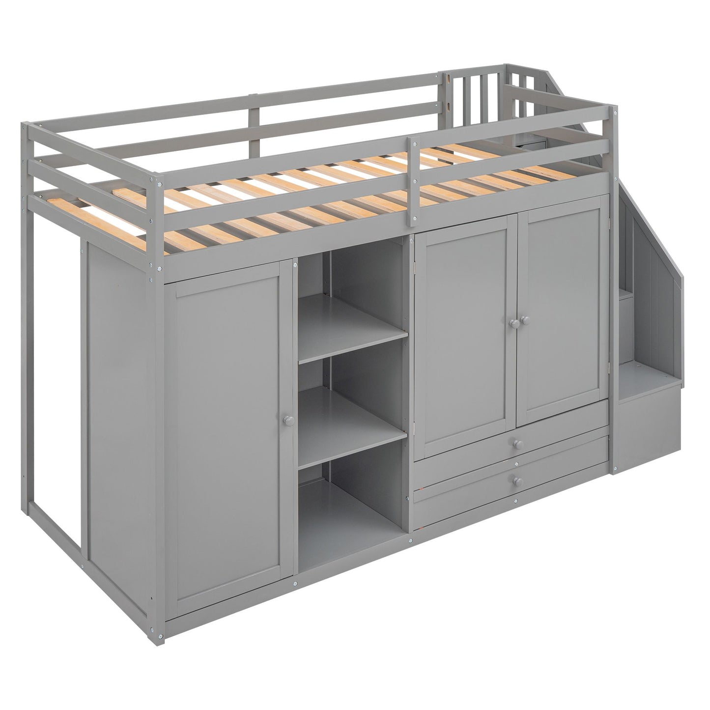 Functional Loft Bed with 3 Shelves;  2 Wardrobes and 2 Drawers;  Ladder with Storage;  No Box Spring Needed