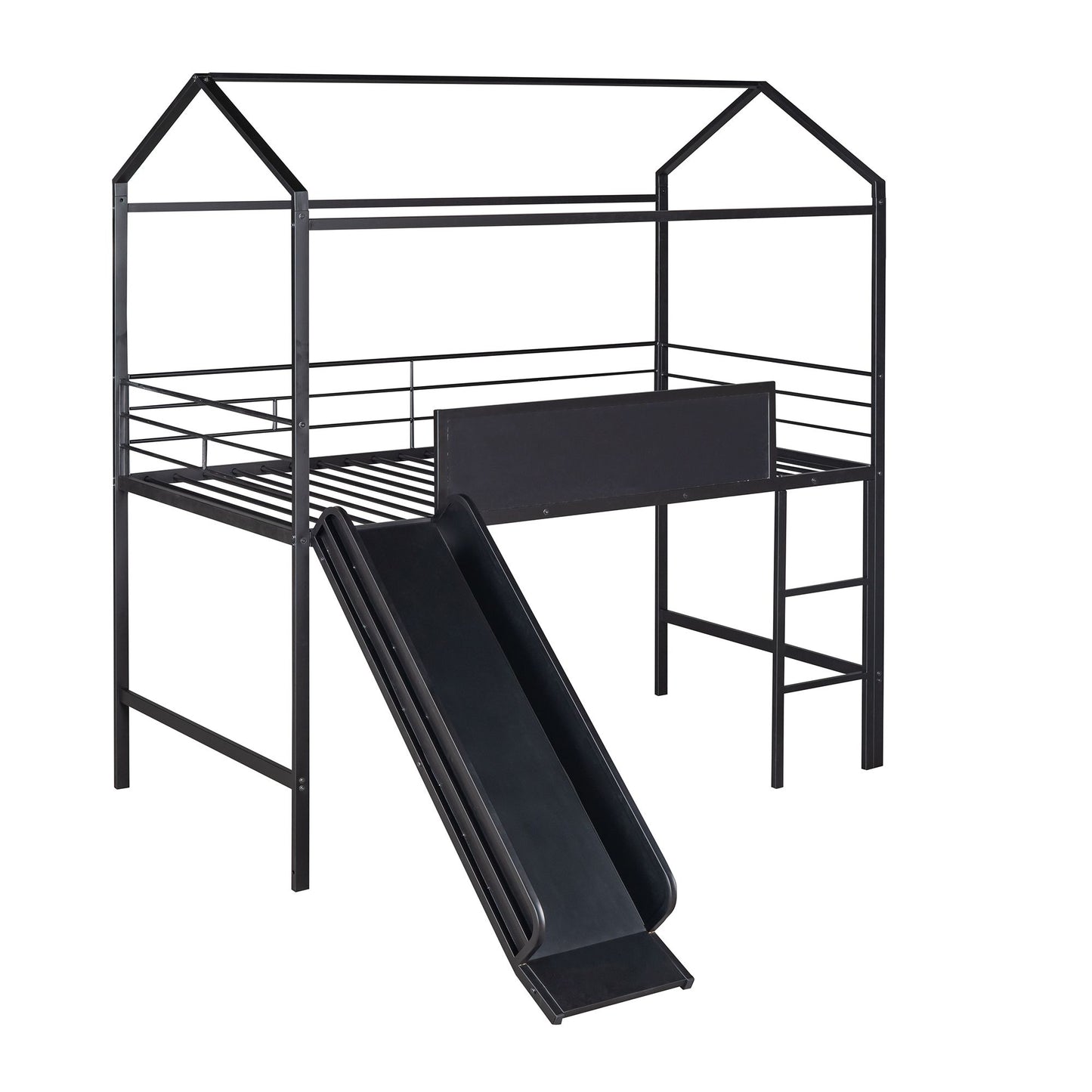 Metal House Bed With Slide;  Twin Size Metal Loft Bed with Two-sided writable Wooden Board