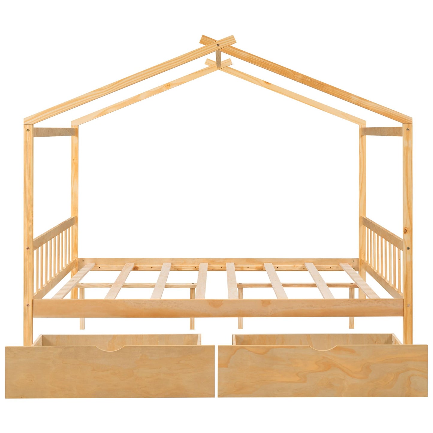 Full Size House Platform Bed with Two Drawers; Headboard and Footboard; Roof Design