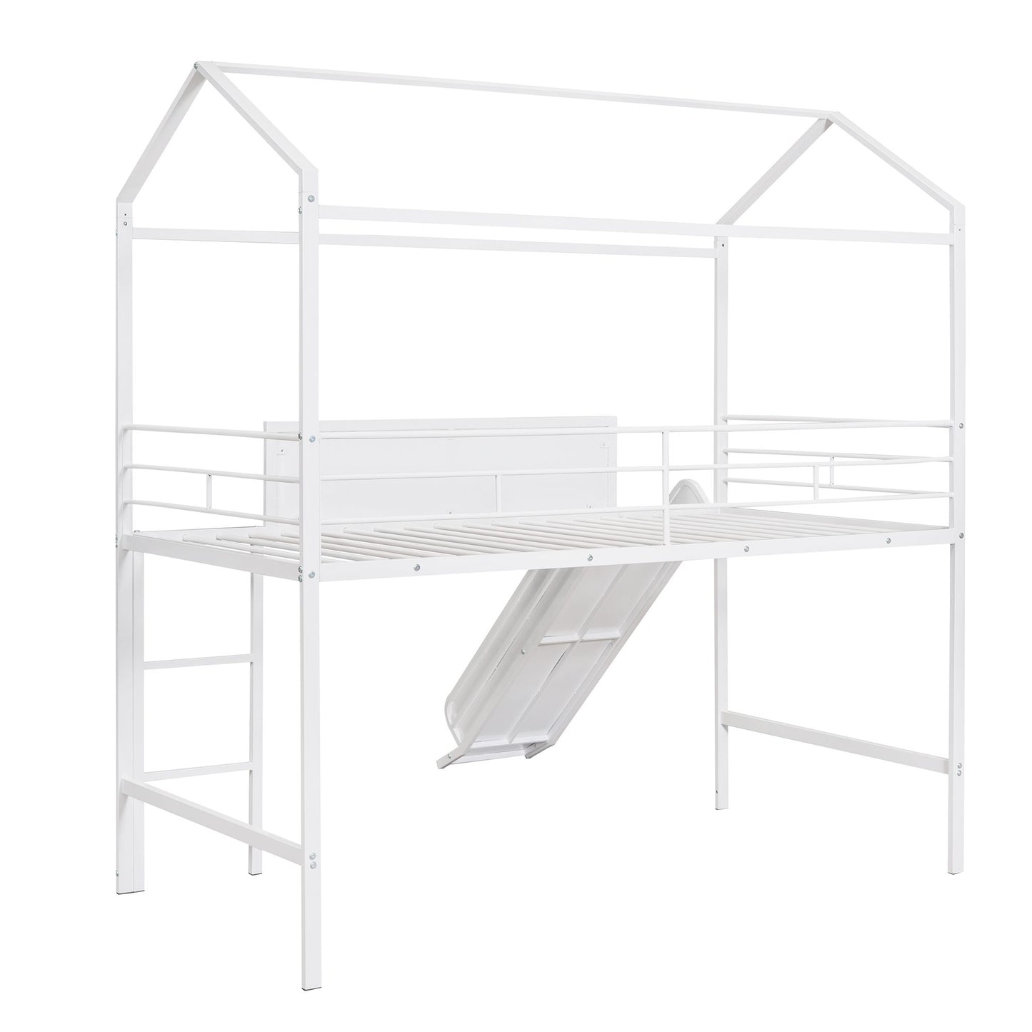 Metal House Bed With Slide;  Twin Size Metal Loft Bed with Two-sided writable Wooden Board