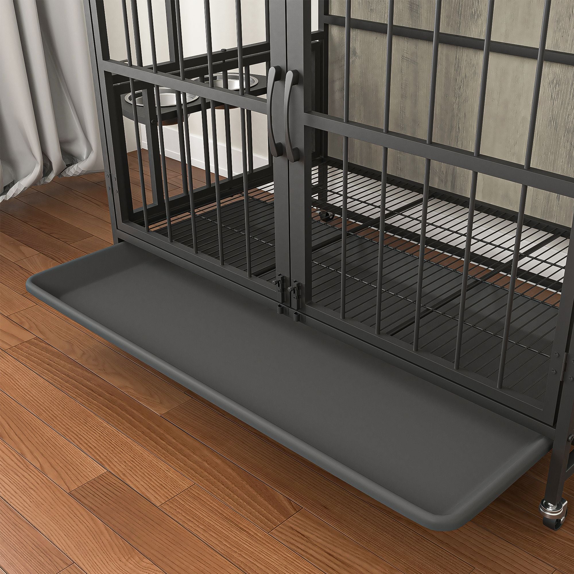 Modern Kennel Dogs room up to 80 LB, Dog crate furniture with Multi-Purpose Rremovable Ttray, Double-Door Dog House, lift Panel, 360 Degree Rotation -3 Height Adjustable Feeding Bowls