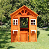 All Wooden Kids Playhouse with 2 windows and flowerpot holder,42"Lx46'Wx55"H,Golden Red