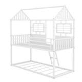 Twin over Twin Size Metal Low Bunk Beds with Roof and Fence-shaped Guardrail