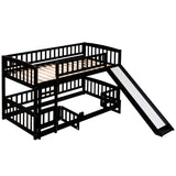 Bunk Bed with Slide; Twin Over Twin Low Bunk Bed with Fence and Ladder for Toddler Kids Teens