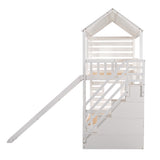 Twin over Twin House Bunk Bed with Trundle and Slide ; Storage Staircase; Roof and Window Design
