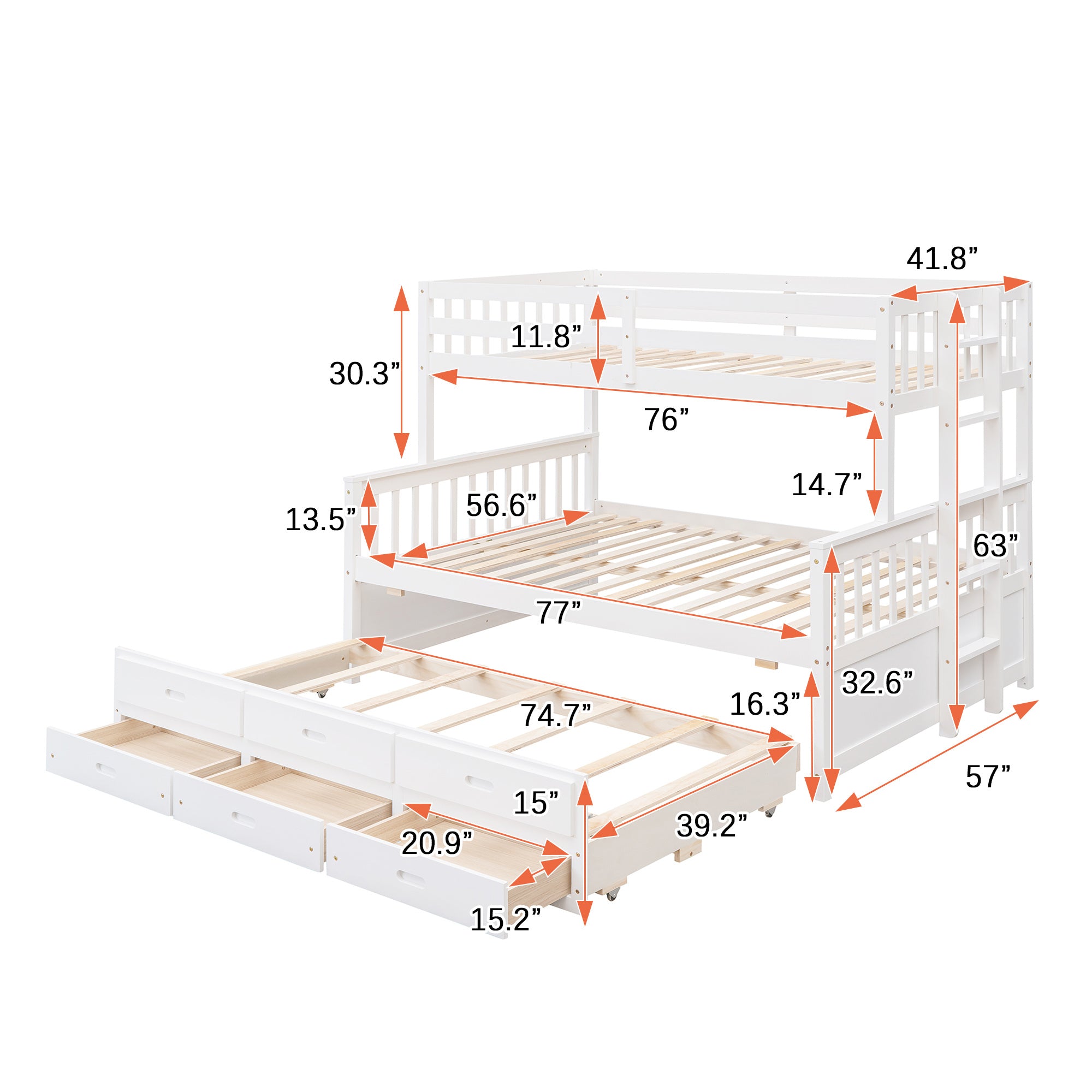 Twin-Over-Full Bunk Bed with Twin size Trundle ;  Separable Bunk Bed with Drawers for Bedroom