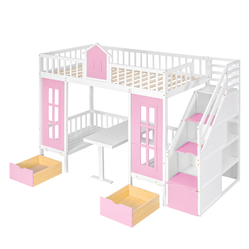 Twin-Over-Twin Bunk Bed with Changeable Table ;  Bunk Bed Turn into Upper Bed and Down Desk with 2 Drawers