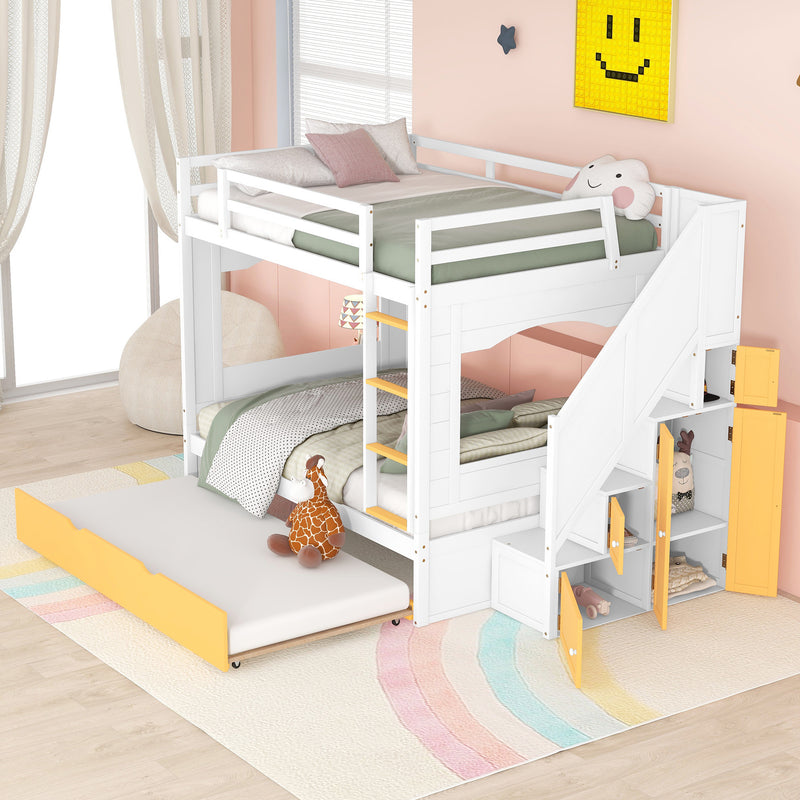 Full Over Full Bunk Bed with Trundle ; Stairs; Ladders Solid Wood Bunk bed with Storage Cabinet