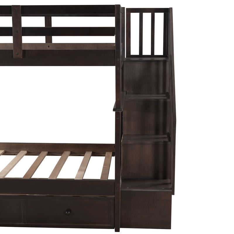 Stairway Twin-Over-Twin Bunk Bed with Three Drawers for Bedroom, Dorm - Gray