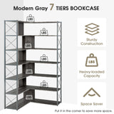 Silver+Grey 7-Tier Bookcase Home Office Bookshelf, L-Shaped Corner Bookcase with Metal Frame, Industrial Style Shelf with Open Storage, MDF Board