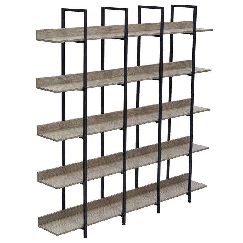 5 Tier Bookcase Home Office Open Bookshelf, Vintage Industrial Style Shelf with Metal Frame, MDF Board, Grey