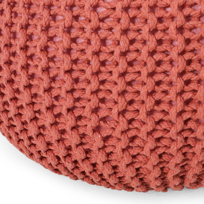 Yantic Cotton Knitted Round Pouf, Coral, 20" x 14"