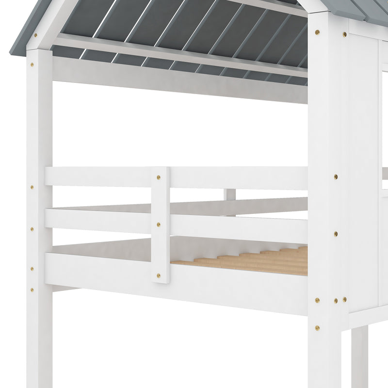 Twin over Twin Size Low Bunk Beds with Roof and Fence-shaped Guardrail