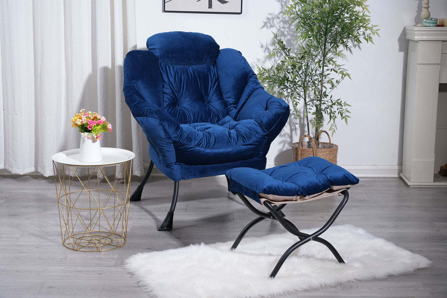 Living Room Chairs Modern Cotton Fabric Lazy Chair, Accent Contemporary Lounge Chair, Single Steel Frame Leisure Sofa Chair with Armrests and A Side Pocket (Blue)