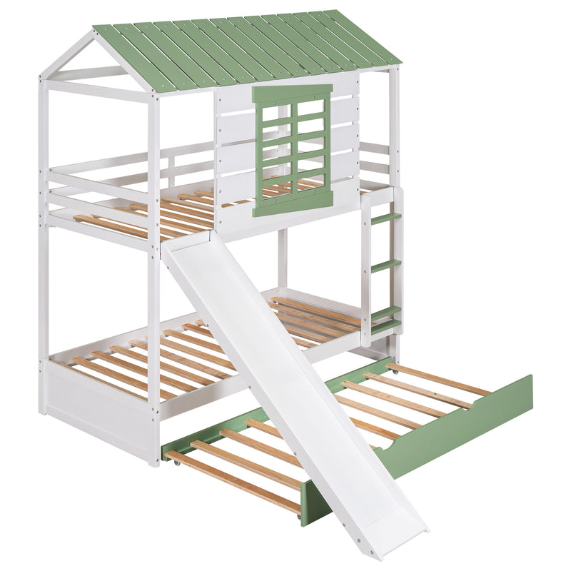 Twin over Twin Size House Bunk Bed with Convertible Slide and Trundle