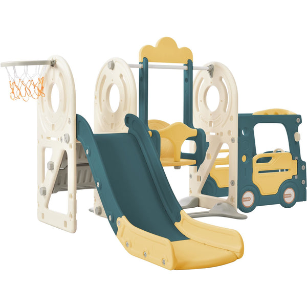Kids Swing-N-Slide with Bus Play Structure, Freestanding Bus Toy with Slide&Swing for Toddlers, Bus Slide Set with Basketball Hoop