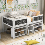 Twin Size Low Loft Bed with Two Movable Shelves and Ladder; with Decorative Guardrail Chalkboard