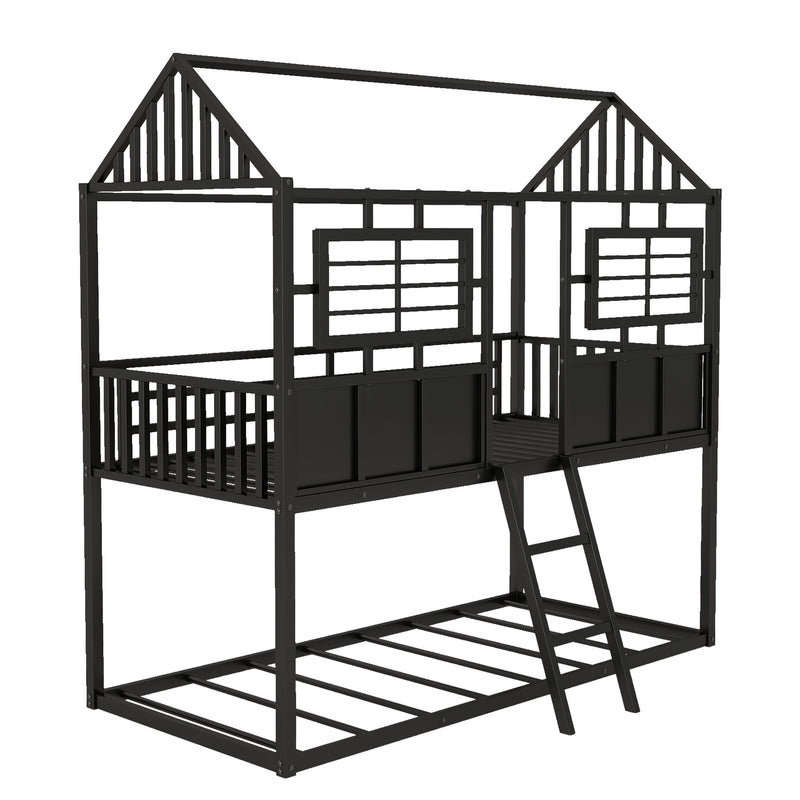 Twin over Twin Size Metal Low Bunk Beds with Roof and Fence-shaped Guardrail