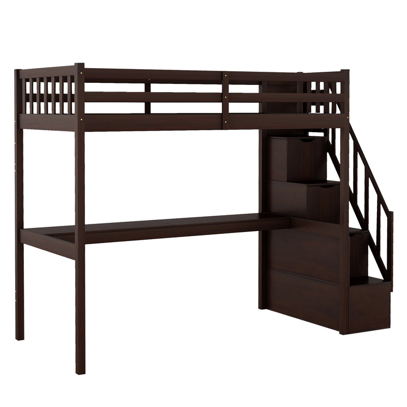 Twin Size Loft Bed with Staircase and Built-in Desk
