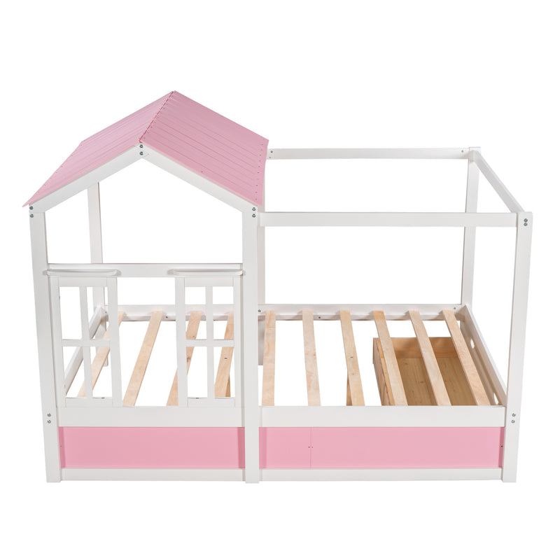 Full Size House Bed with Roof, Window and Drawer