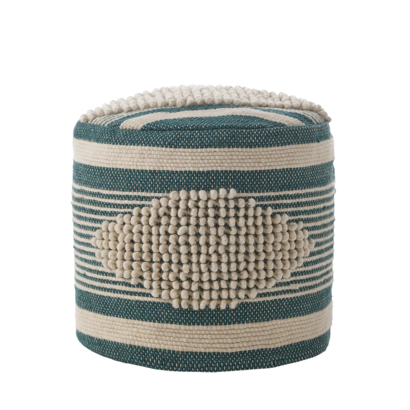 Volney Fabric Cylinder Pouf, White and Teal