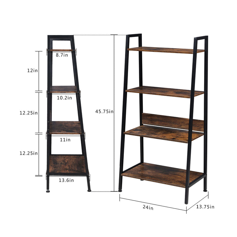YSSOA 4-Tier Ladder Bookshelf Organizer, Rustic Brown Ladder Shelf for Home & Office, Wood Board & Metal Frame