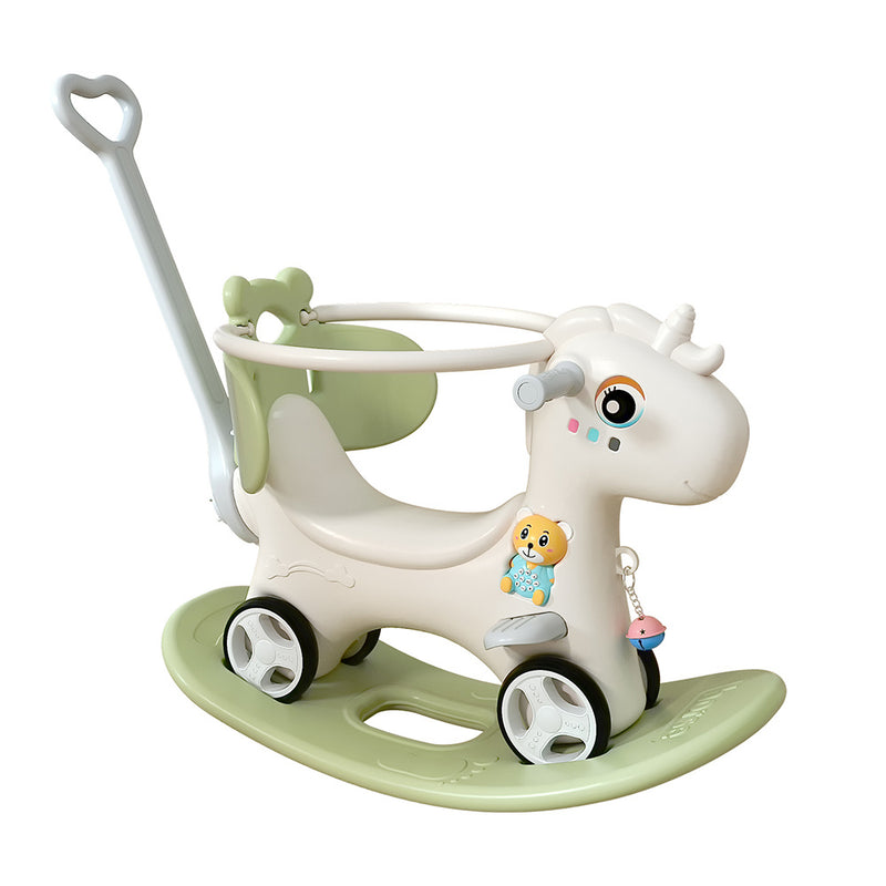 Rocking Horse for Toddlers, Balance Bike Ride On Toys with Push Handle,Backrest and Balance Board for Baby Girl and Boy, Unicorn Kids Green color