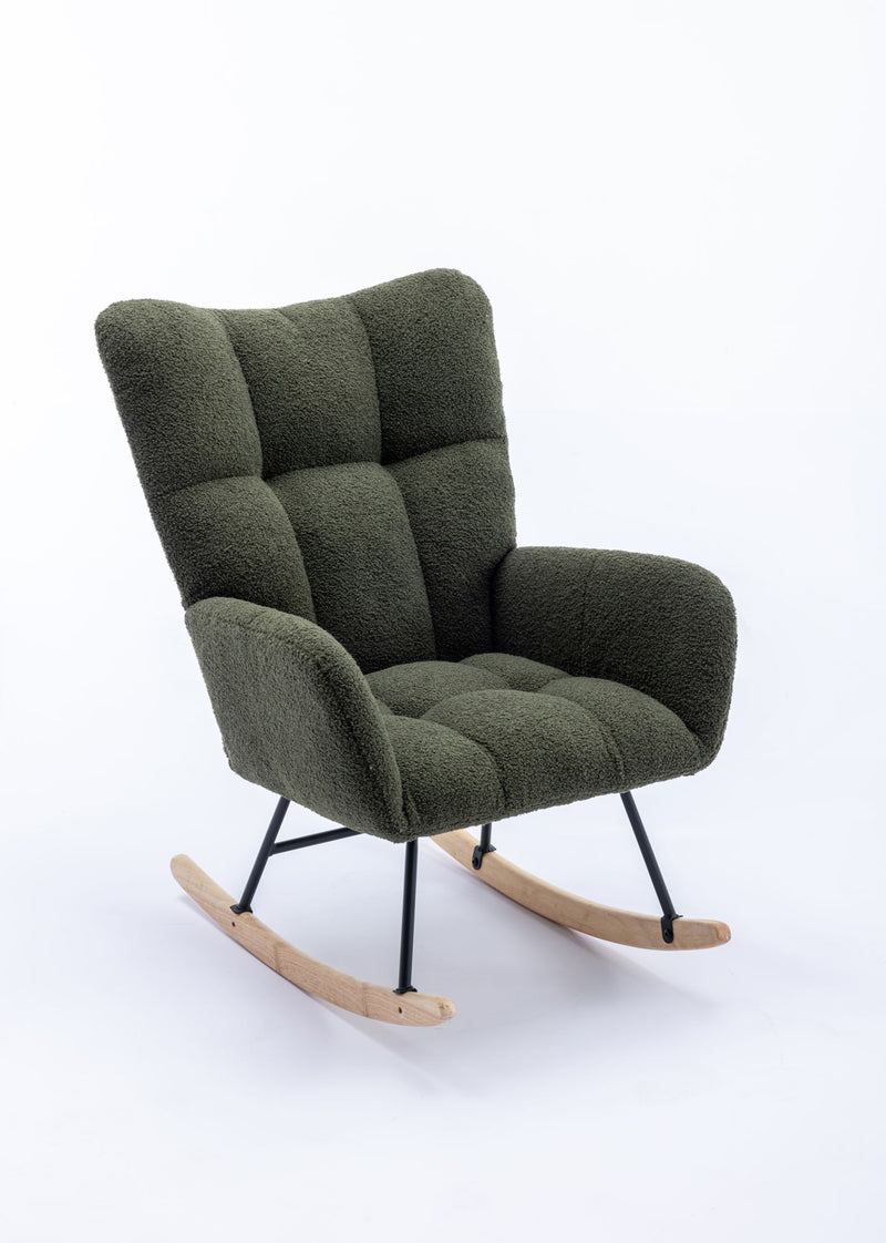 Rocking Chair, Soft Teddy Velvet Fabric Rocking Chair for Nursery, Comfy Wingback Glider Rocker with Safe Solid Wood Base for Living Room Bedroom Balcony (DARK GREEN)