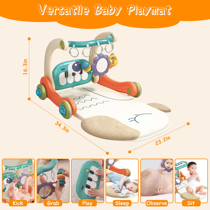 3 in 1 Baby Gym Playmat with Learning Walker Baby Playmat with Piano Keyboard Game Panel 5 Fun Rattle Toys for 0-12 Months Old Musical Activity Center with Lights