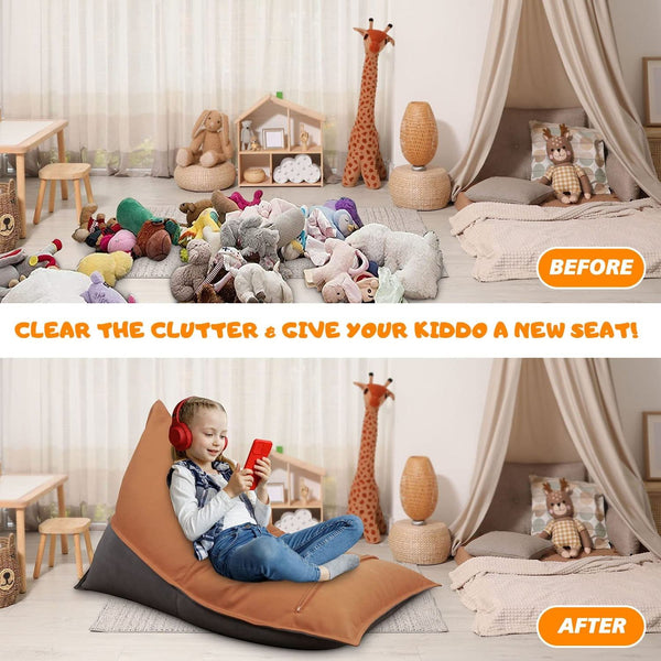 Stuffed Animal Storage Bean Bag Chair Cover For Kids And Parents - Cover ONLY, Washable Premium Canvas Stuffie Seat Orange Grey