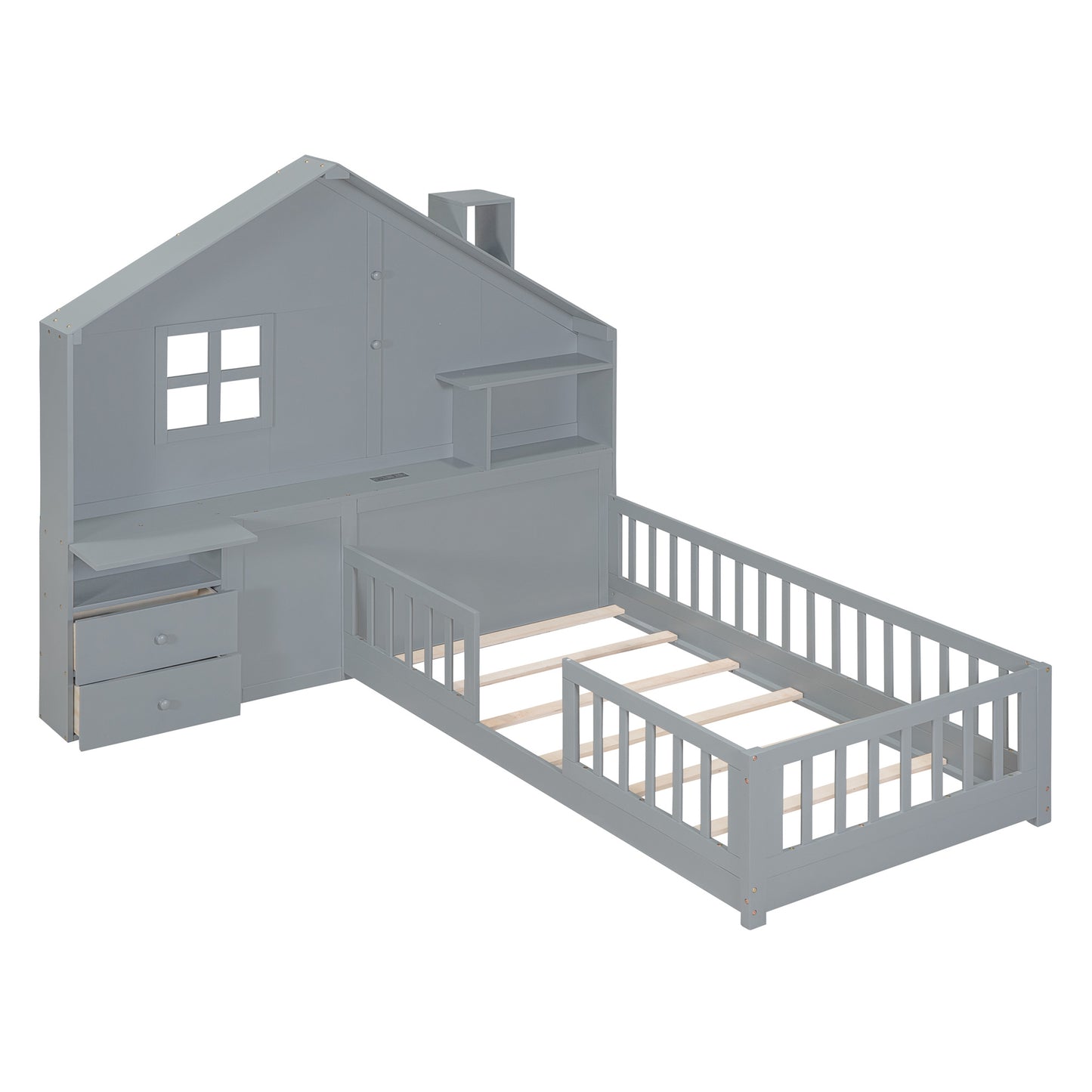 Twin Size House Bed with Window and Bedside Drawers, Platform Bed with Shelves and a set of Sockets and USB Port