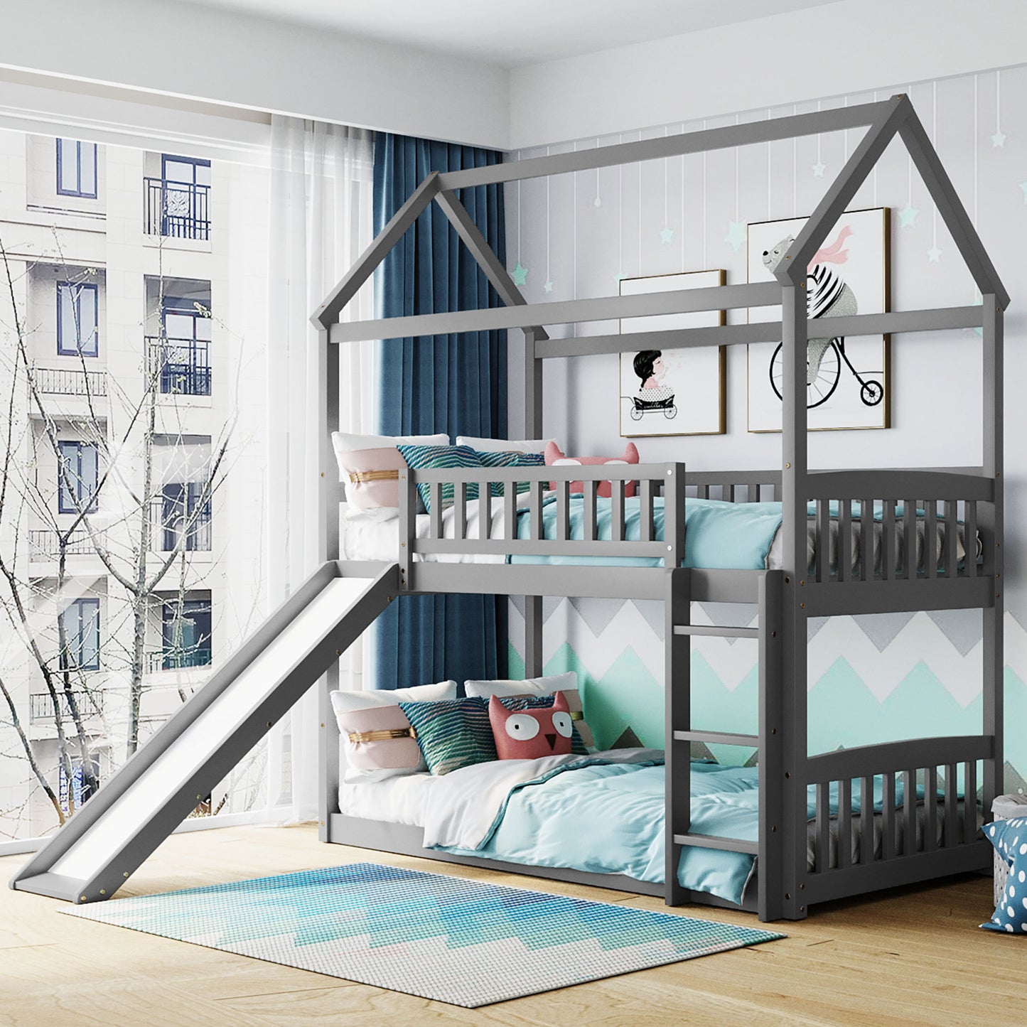 Twin Over Twin Bunk Bed with Slide, House Bed with Slide