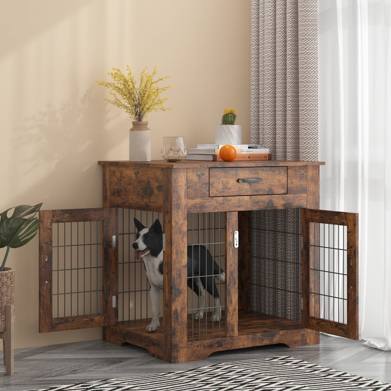 Furniture Style Dog Crate End Table with Drawer, Pet Kennels with Double Doors, Dog House Indoor Use. Rustic Brown, 29.92'' W x 24.8'' D x 30.71'' H.