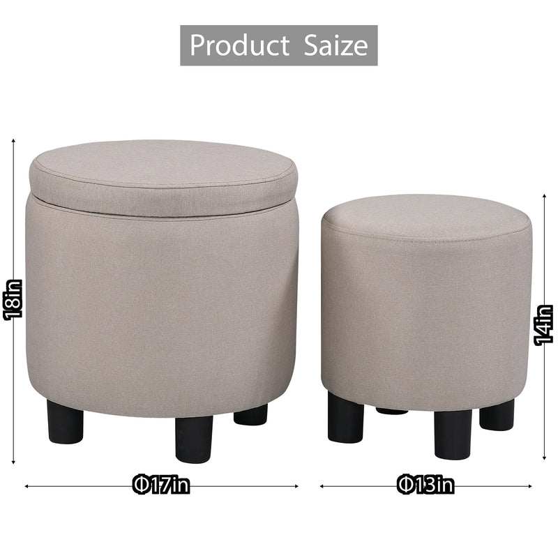 JST Home Decor Upholstered Round Fabric Tufted Footrest 1+1 Ottoman, Ottoman with Storage for Living Room & Bedroom, Decorative Home Furniture, Beige
