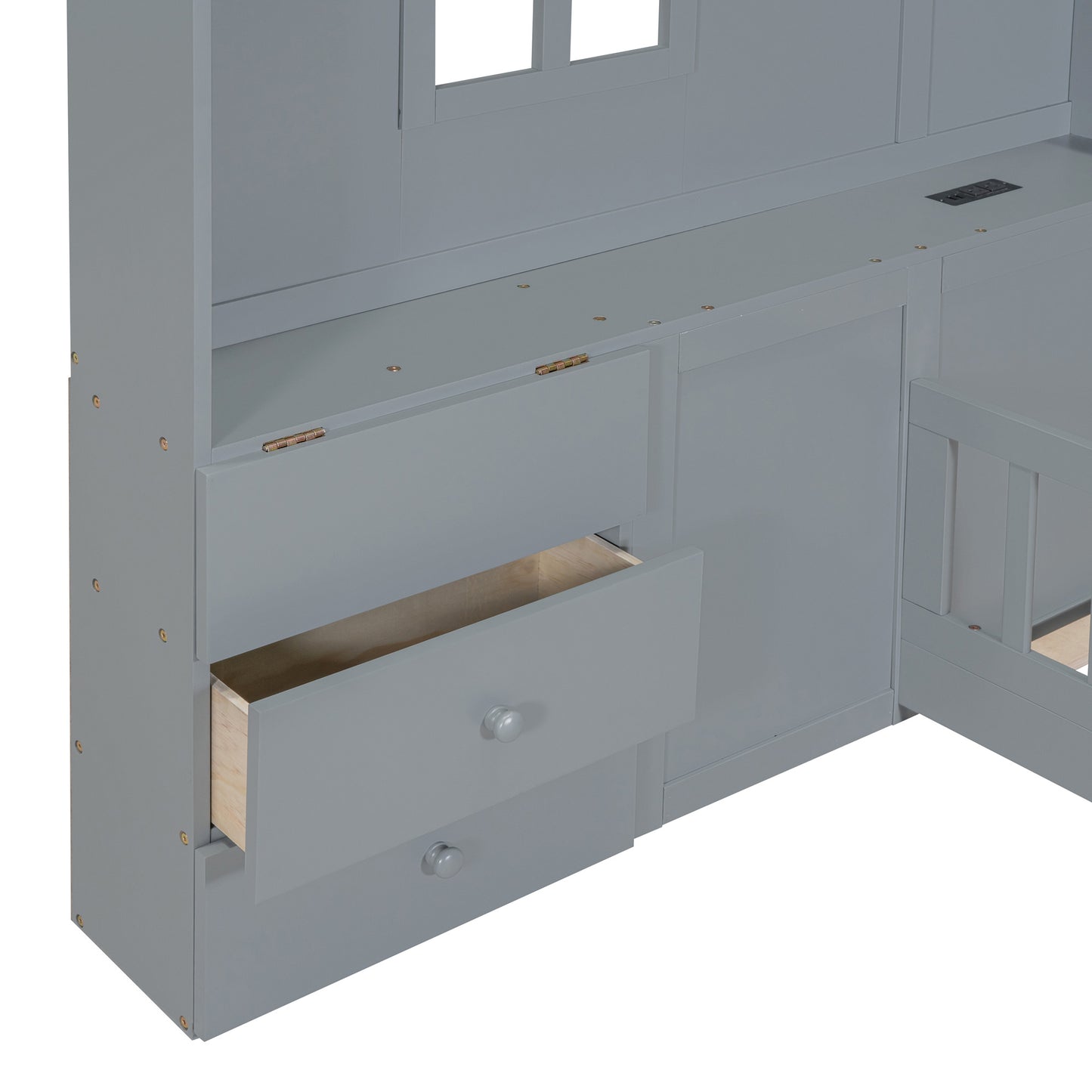 Twin Size House Bed with Window and Bedside Drawers, Platform Bed with Shelves and a set of Sockets and USB Port